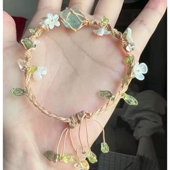 Whimsical Garden Fairy Bracelet Adjustable Beige Macrame with Green Leaf Charms - Picture 1 of 4